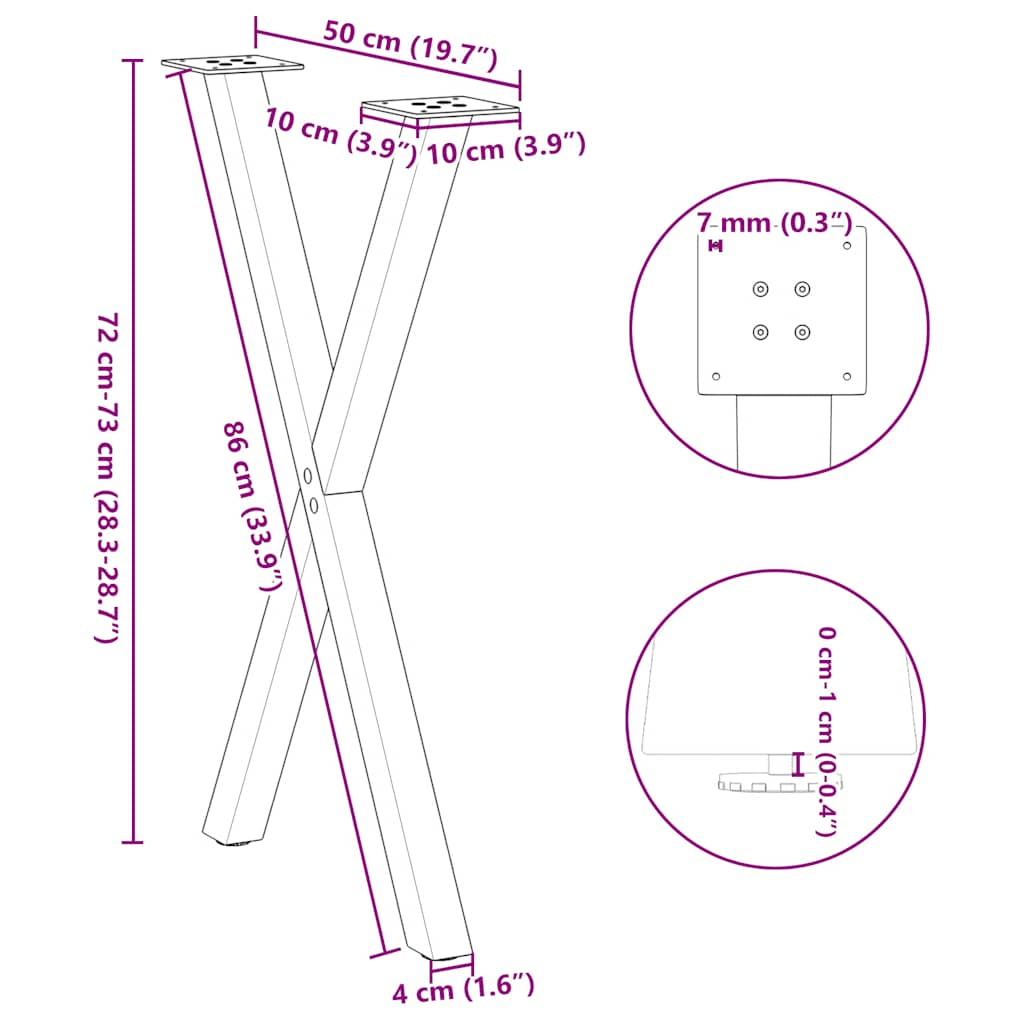 Pieds de table à manger forme de X 2 pcs noir 50x(72-73) cm