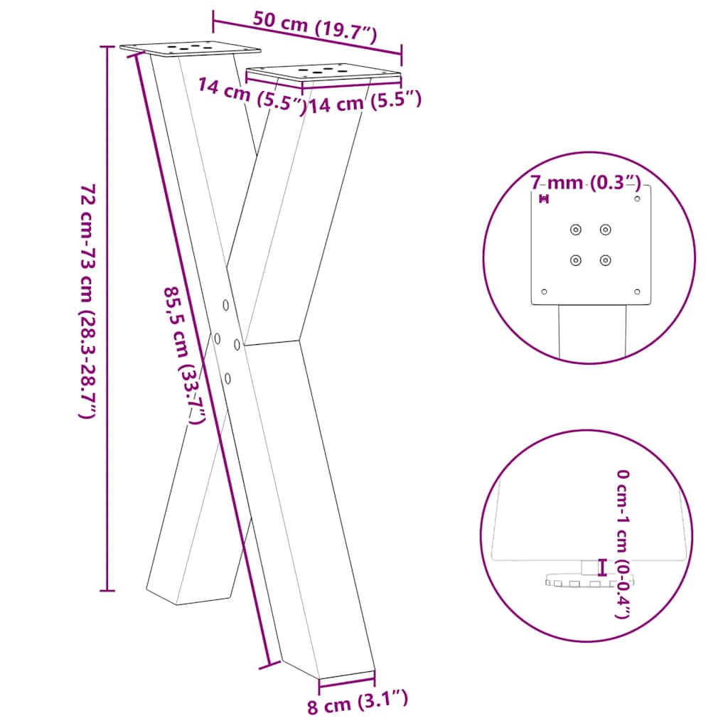 Pieds de table à manger forme de X 2 pcs noir 50x(72-73) cm