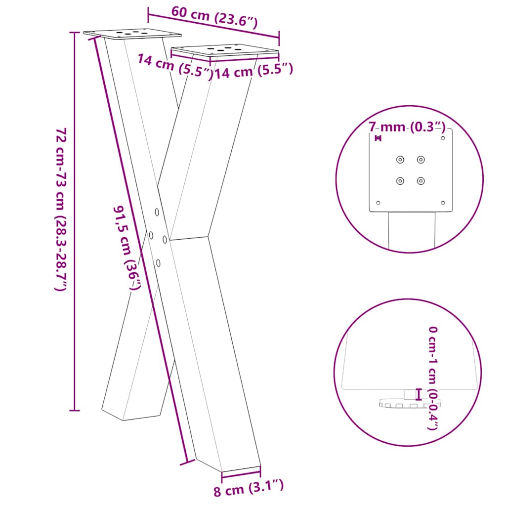 Pieds de table à manger forme de X 2 pcs blanc 60x(72-73) cm