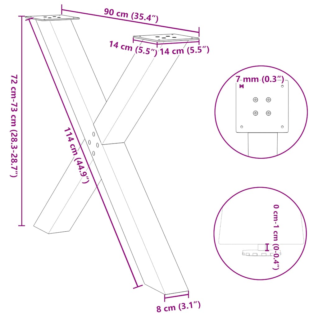 Pieds de table à manger forme de X 2 pcs 90x(72-73) cm acier