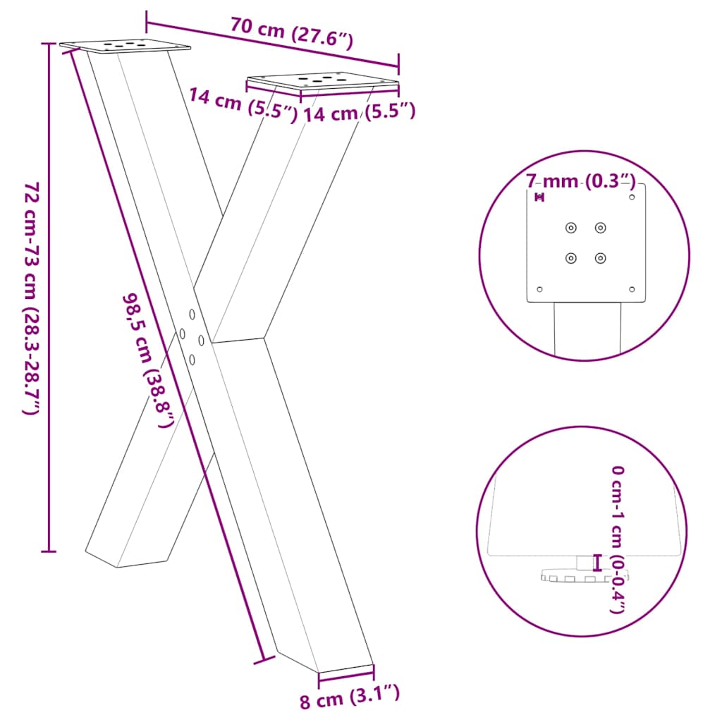 Pieds de table à manger forme de X 3 pcs 70x(72-73) cm acier