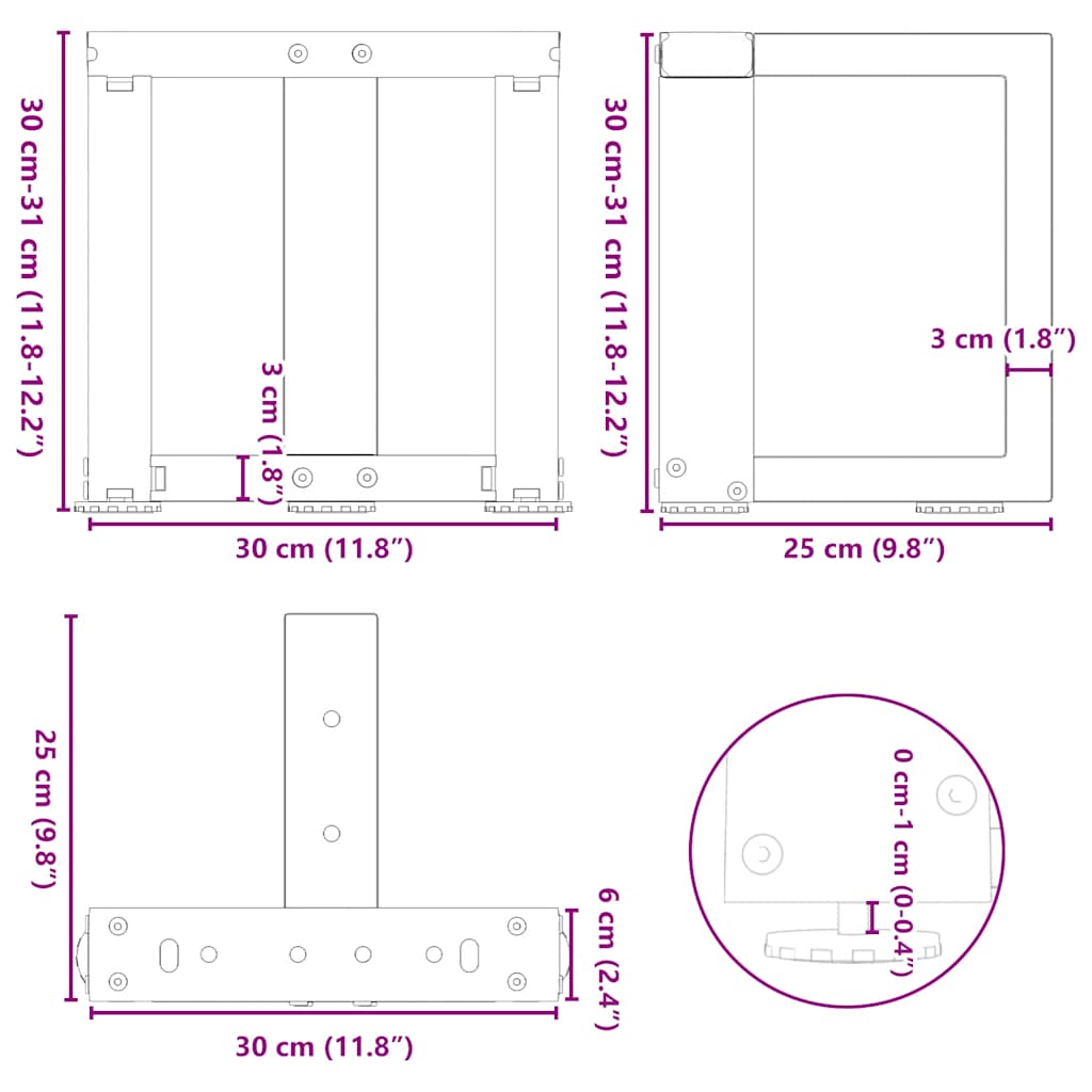 Pieds de table basse en forme de T 2 pcs noir 30x25x(30-31) cm