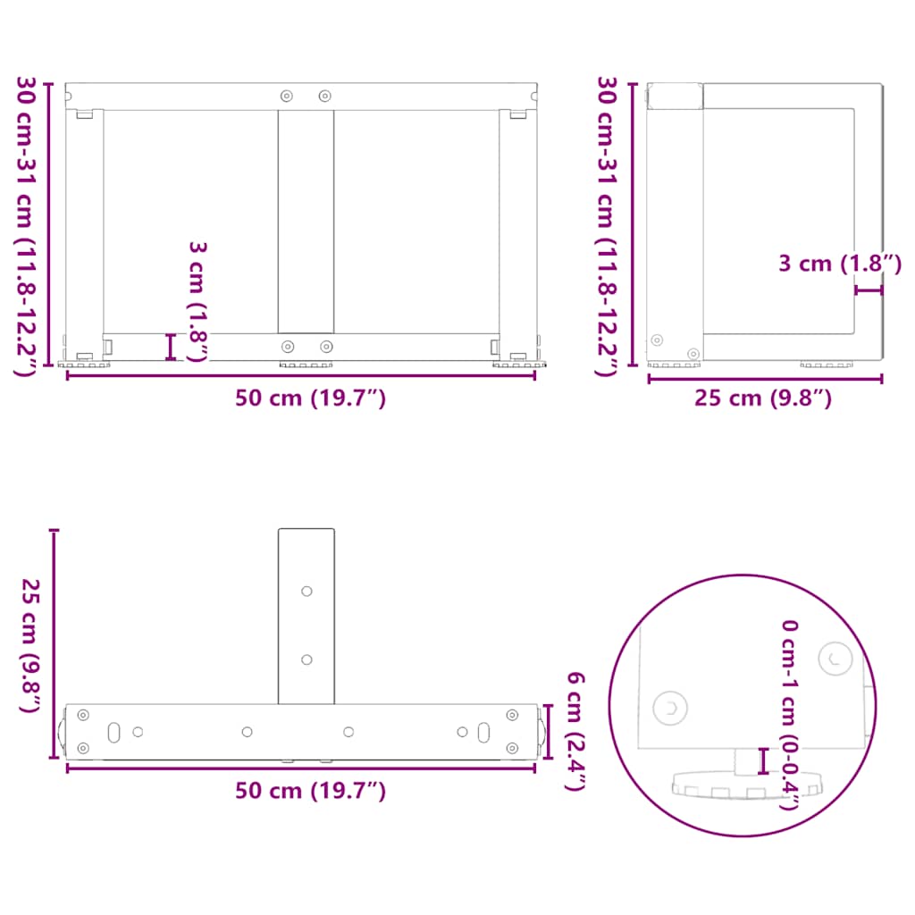 Pieds de table basse en forme de T 2 pcs noir 50x25x(30-31) cm