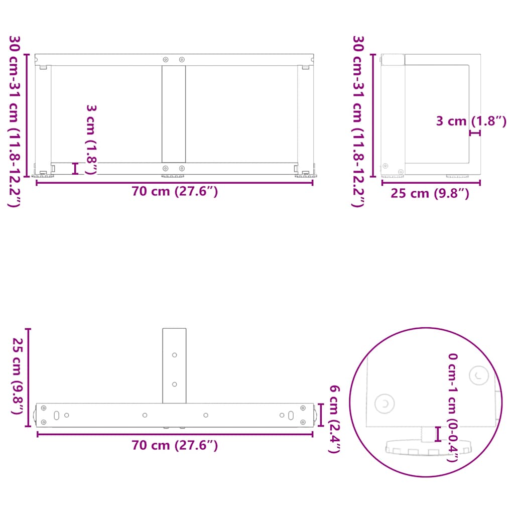 Pieds de table basse en forme de T 2 pcs noir 70x25x(30-31) cm