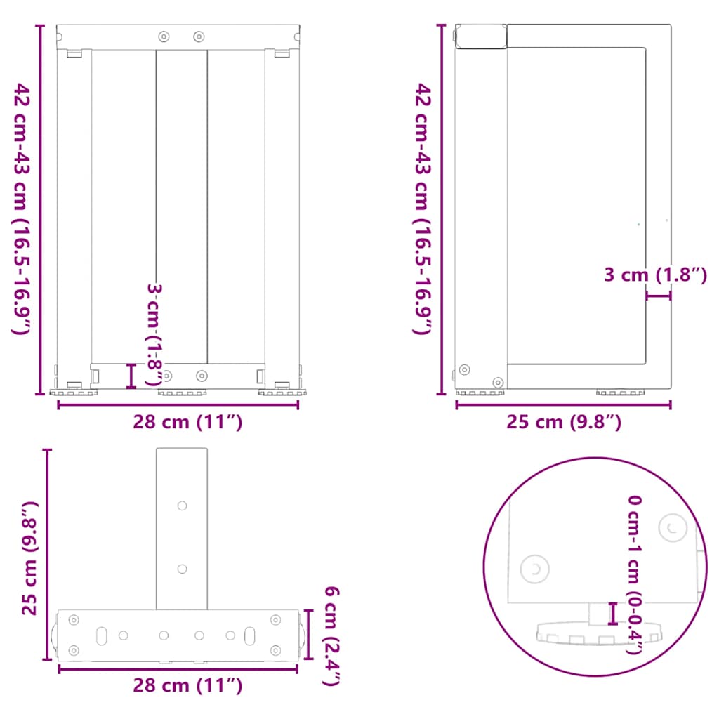 Pieds de table basse forme de T 2pcs noir 28x25x(42-43)cm acier