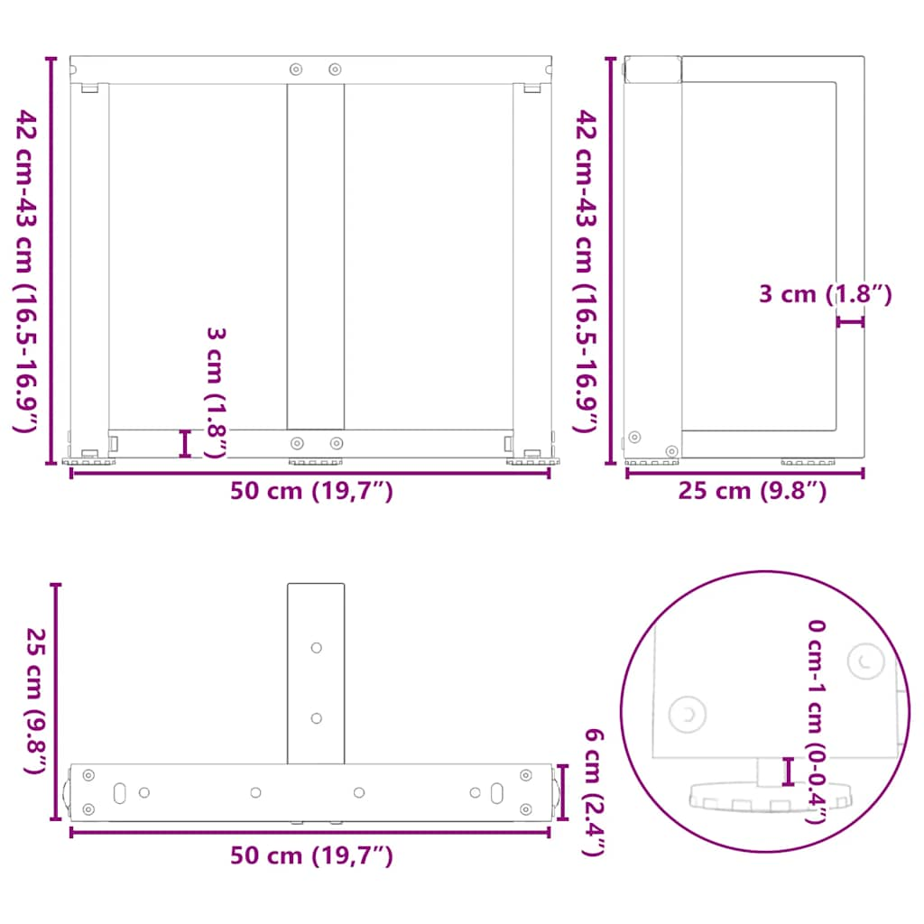 Pieds de table basse forme de T 2pcs noir 50x25x(42-43)cm acier