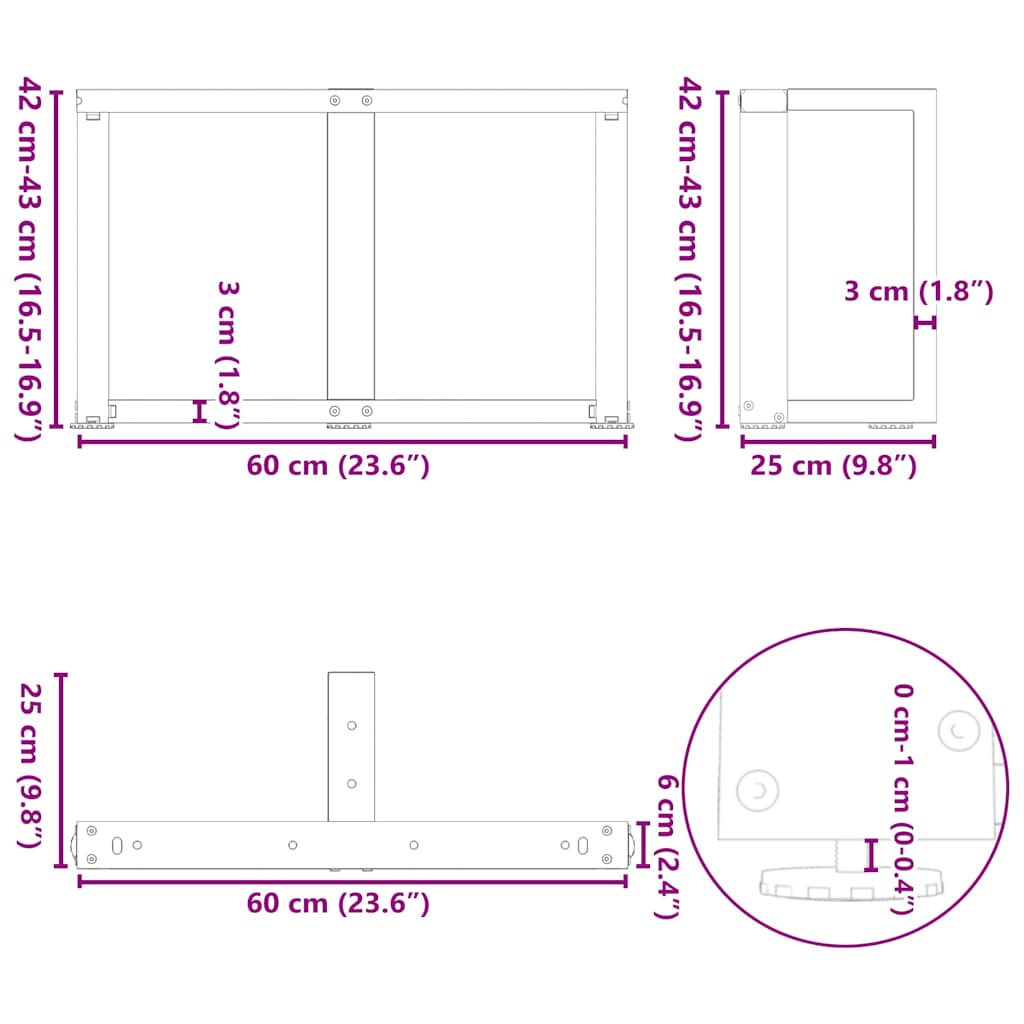 Pieds de table basse forme de T 2pcs noir 60x25x(42-43)cm acier