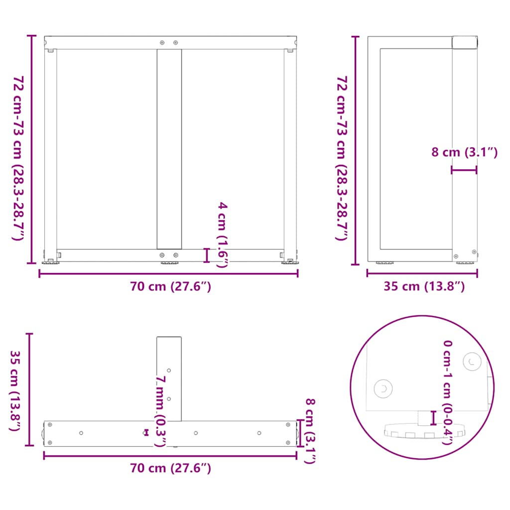 Pieds de table à manger forme de T 2 pcs noir 70x35x(72-73) cm