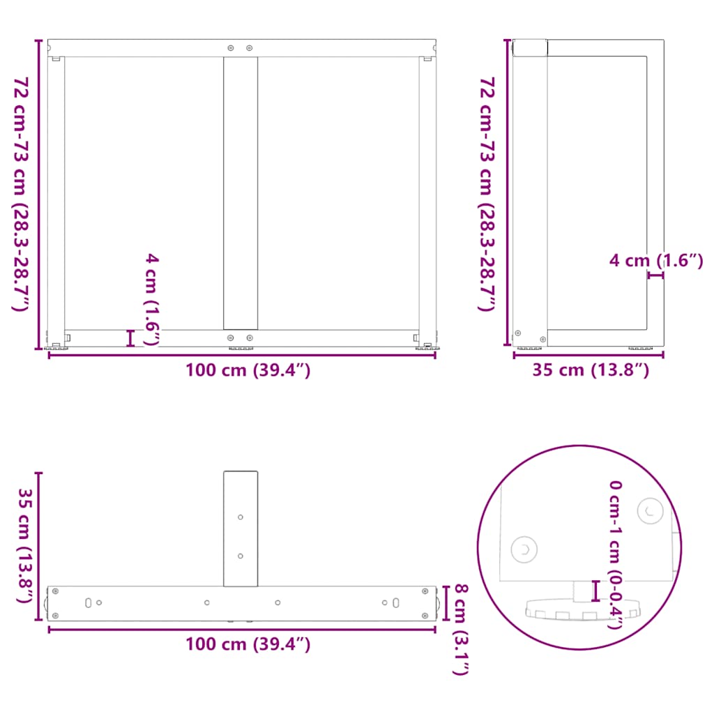 Pieds de table à manger forme de T 2 pcs 100x35x(72-73)cm acier