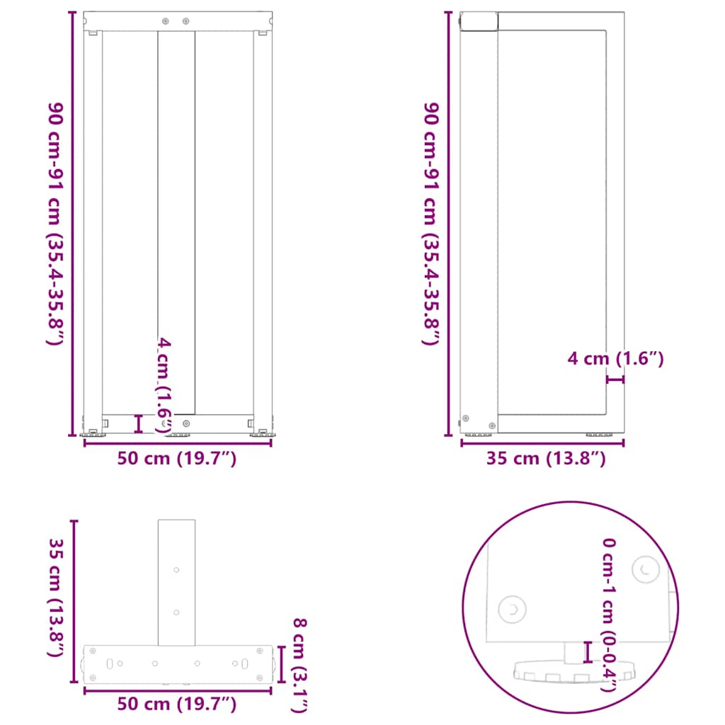 Bartischbeine T-Form 2 Stück schwarz 50x35x(91-92) cm