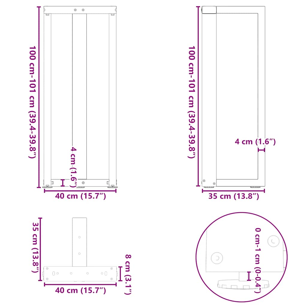 Pieds de table de bar forme de T 2 pcs noir 40x35x(101-102) cm