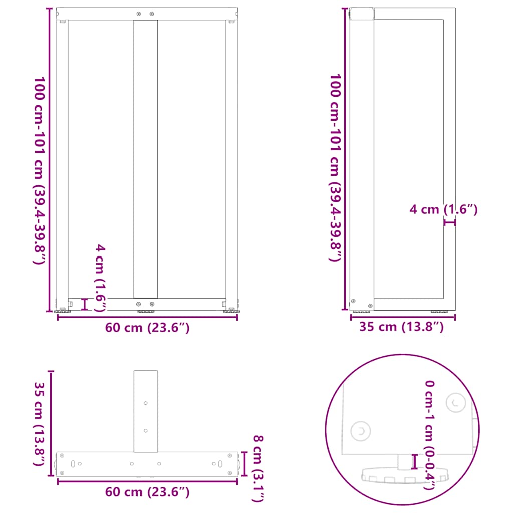 Pieds de table de bar forme de T 2 pcs noir 60x35x(101-102) cm