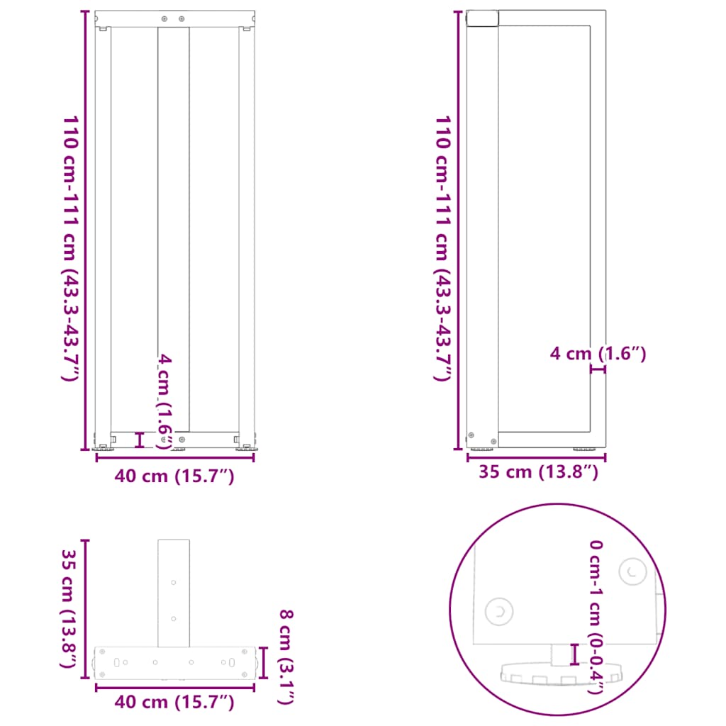 Bartischbeine T-Form 2 Stück schwarz 40x35x(111-112) cm