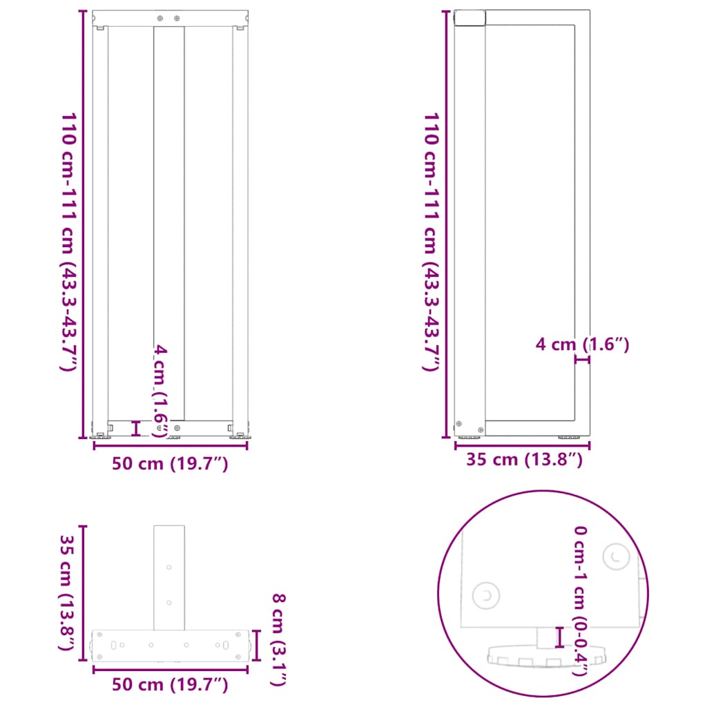 Pieds de table de bar forme de T 2 pcs noir 50x35x(111-112) cm