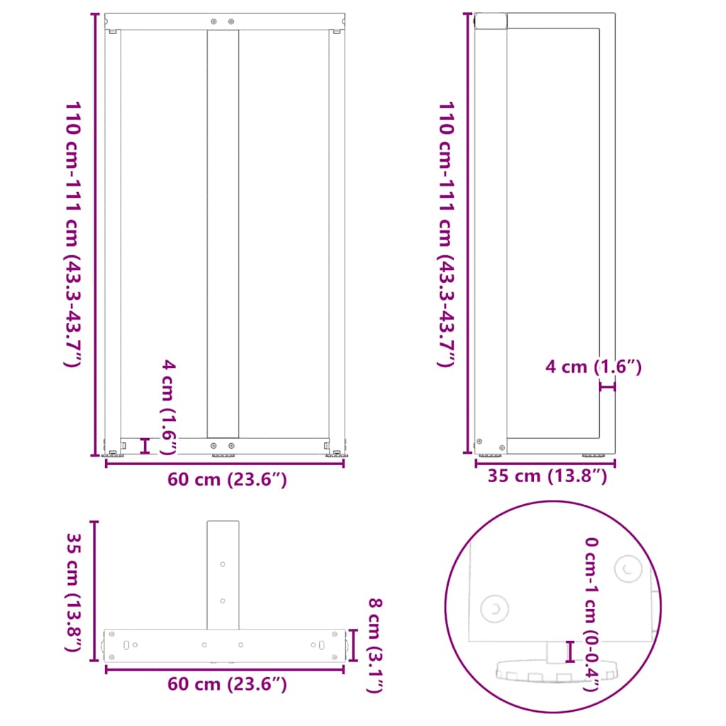 Pieds de table de bar forme de T 2 pcs noir 60x35x(111-112) cm