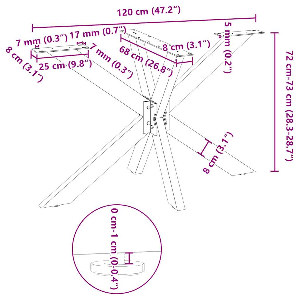 Spider-shaped dining table leg 120x68x(72-73) cm