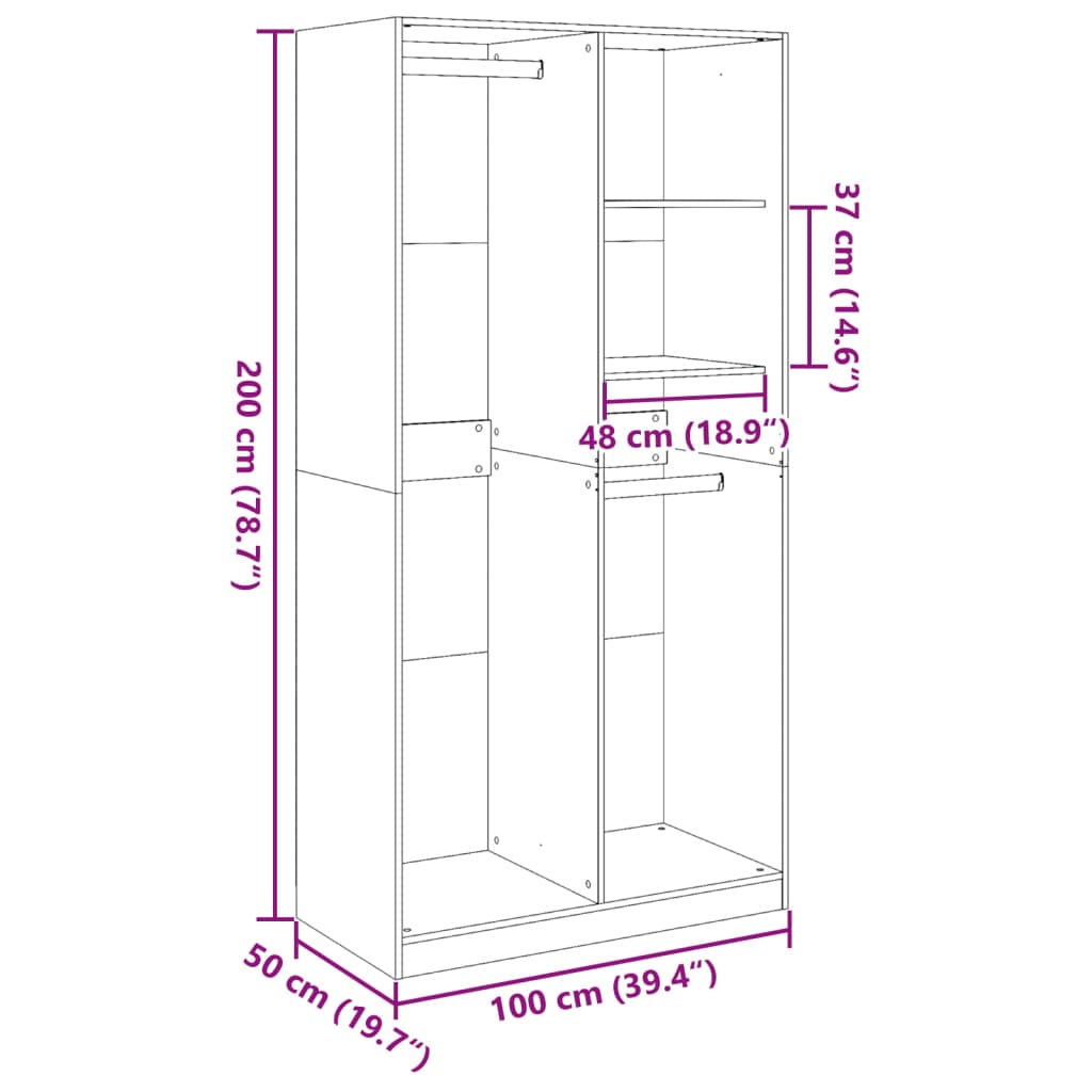 Kleiderschrank aus geräucherter Eiche, 100 x 50 x 200 cm, Holzwerkstoff