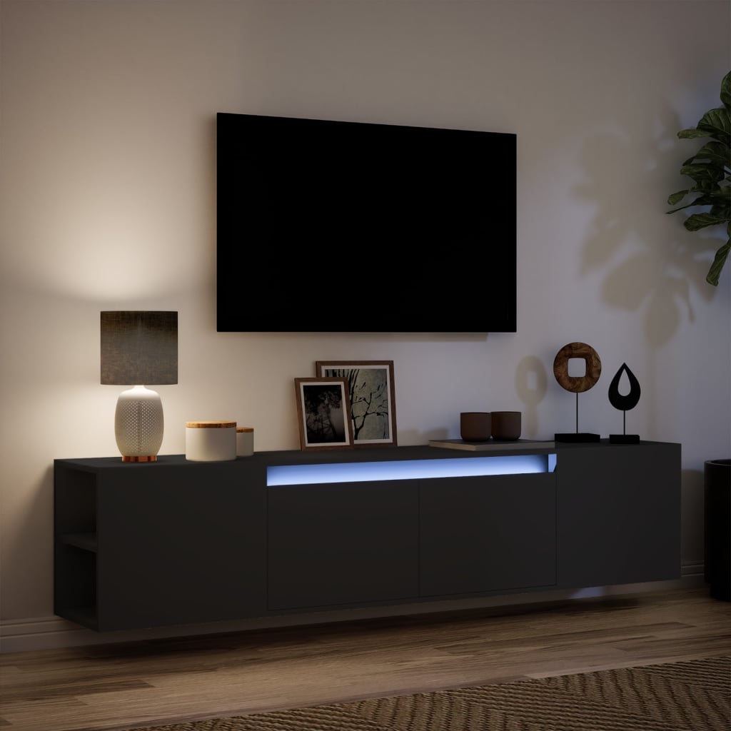 Meuble TV mural avec LED noir 180x31x39,5 cm