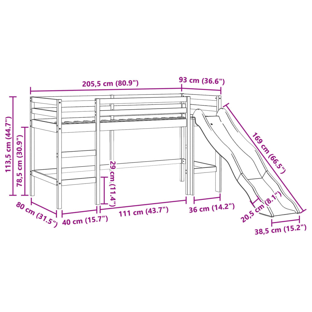 Lit mezzanine d'enfants sans matelas 80x200 cm bois pin massif