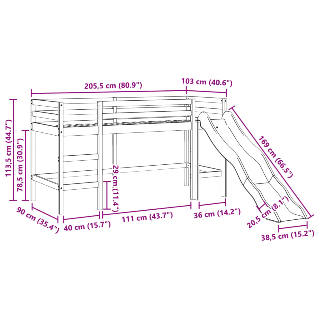 Lit mezzanine d'enfants sans matelas 90x200 cm bois pin massif