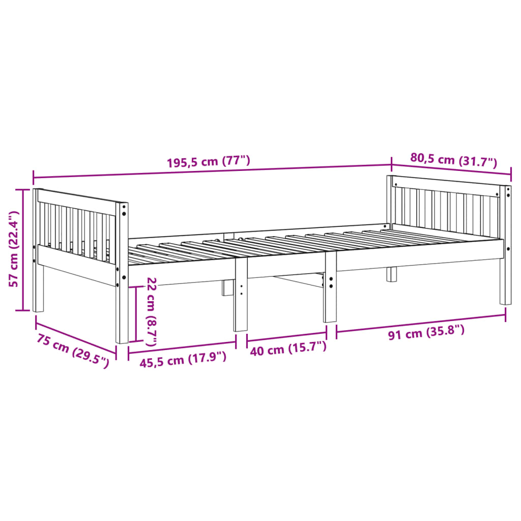 Lit pour enfants sans matelas blanc 75x190cm bois de pin massif