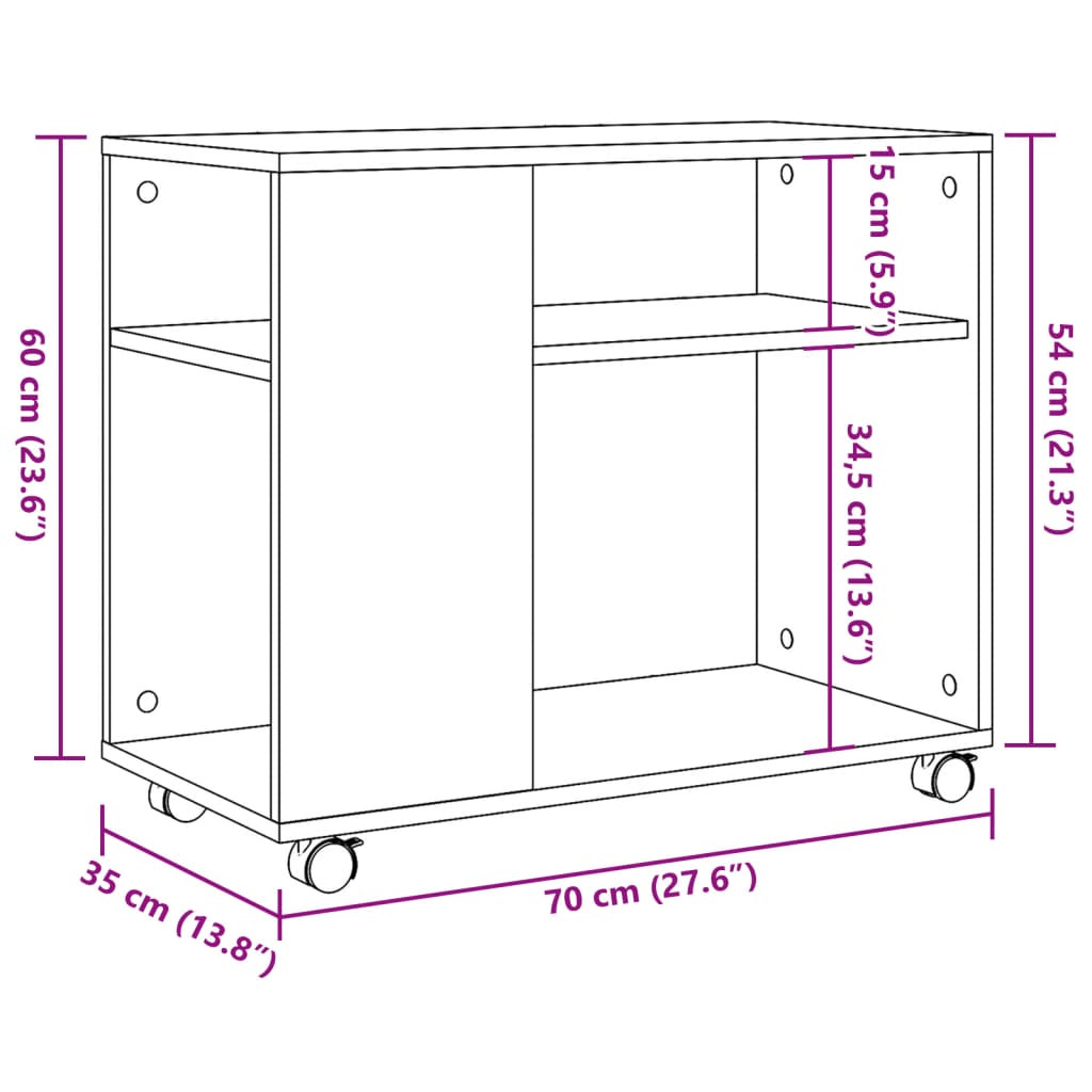 Table d'appoint avec roues noir 70x35x60 cm bois d'ingénierie