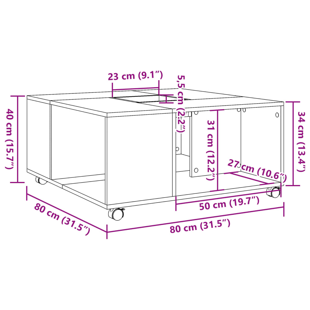 Sonoma grauer Couchtisch 80x80x40 cm, Holzwerkstoff