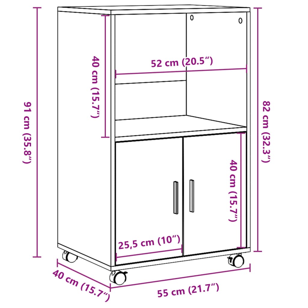 Black rolling cabinet 55x40x91 cm engineered wood