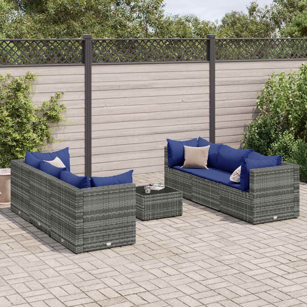 Salon de jardin 7 pcs avec coussins Gris Résine tressée