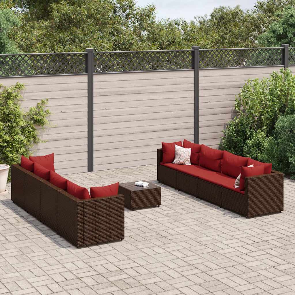 Salon de jardin avec coussins 9 pcs marron résine tressée