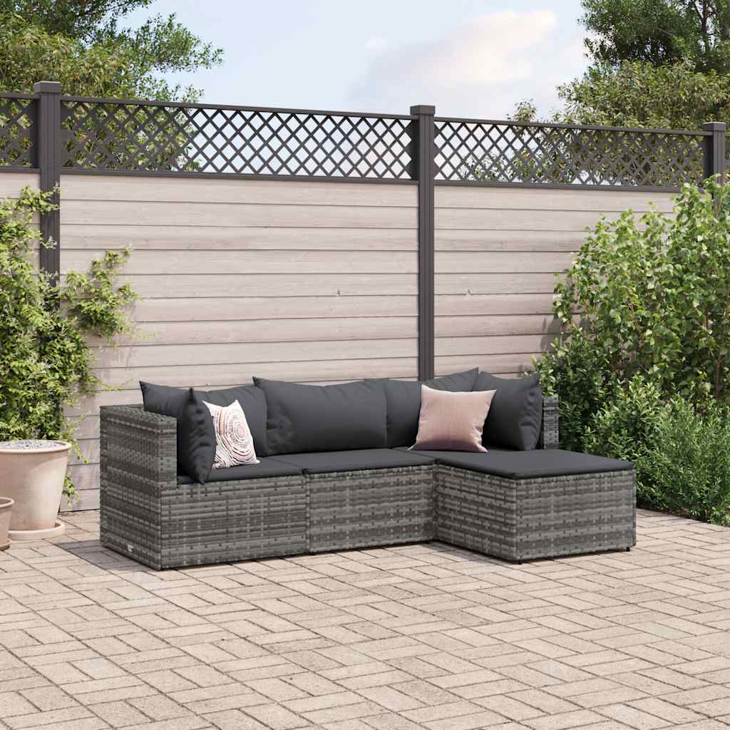 Salon de jardin 4 pcs avec coussins Gris Résine tressée