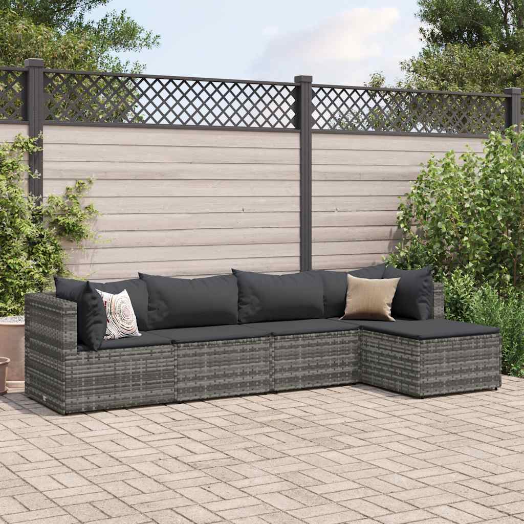 Salon de jardin 5 pcs avec coussins Gris Résine tressée