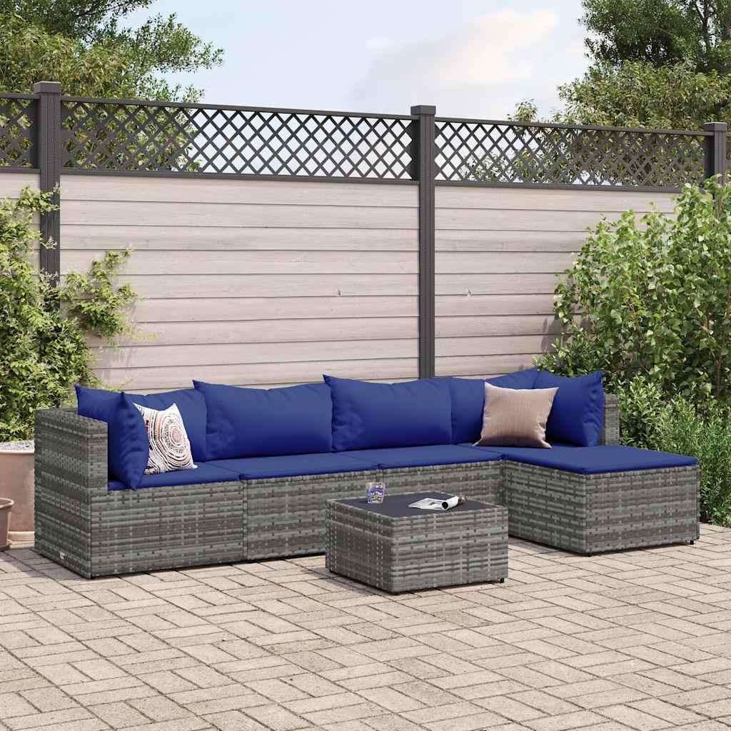 Salon de jardin 6 pcs avec coussins Gris Résine tressée