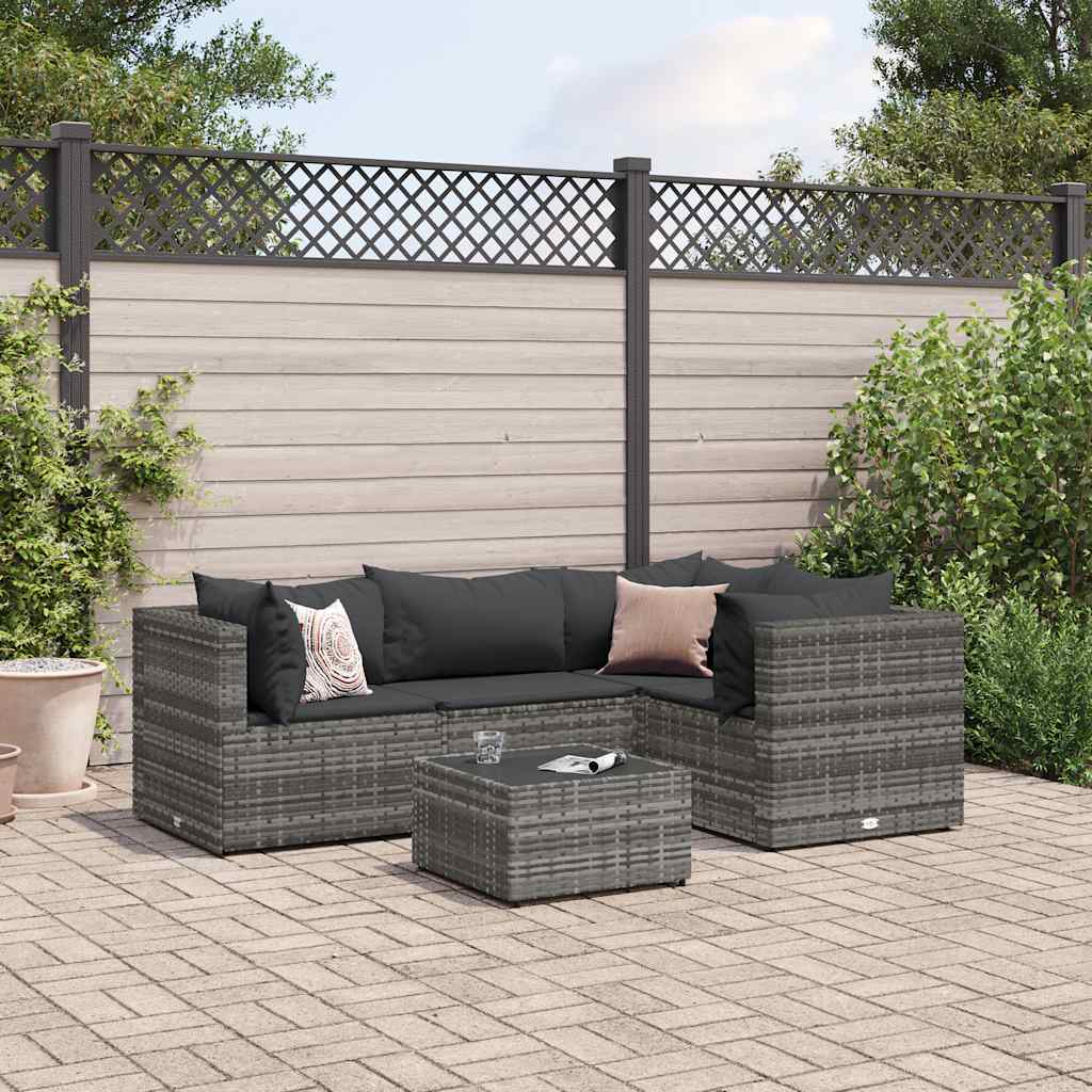 Salon de jardin 5 pcs avec coussins Gris Résine tressée