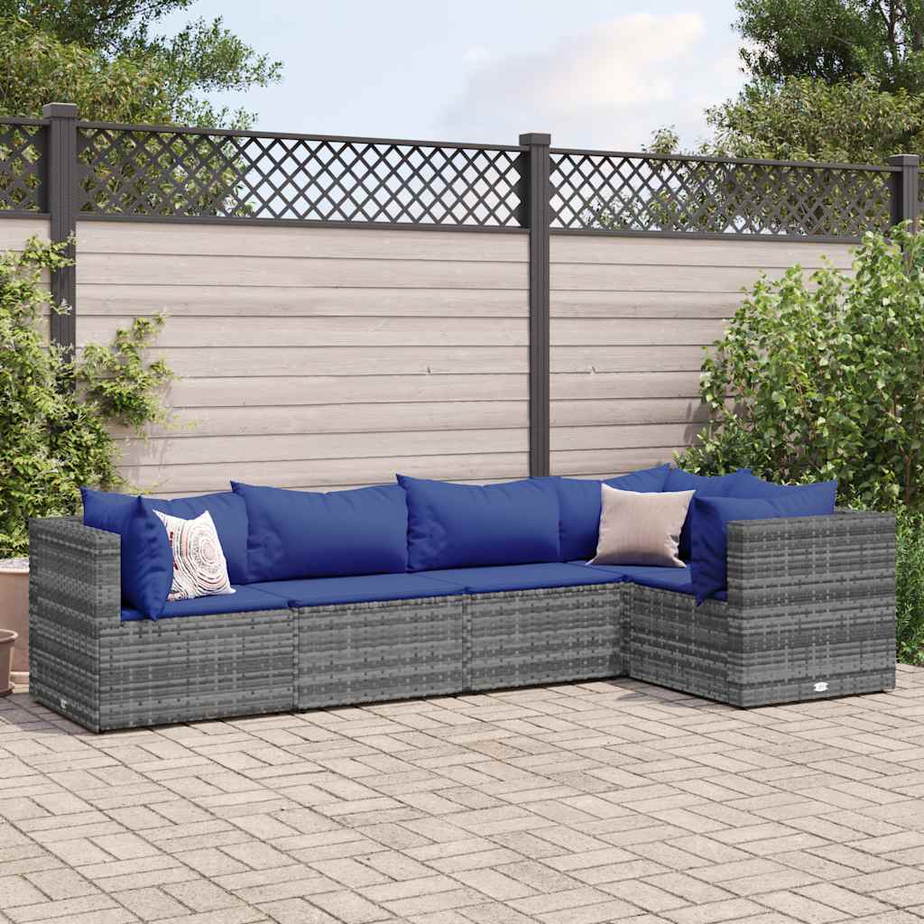 Salon de jardin 5 pcs avec coussins Gris Résine tressée