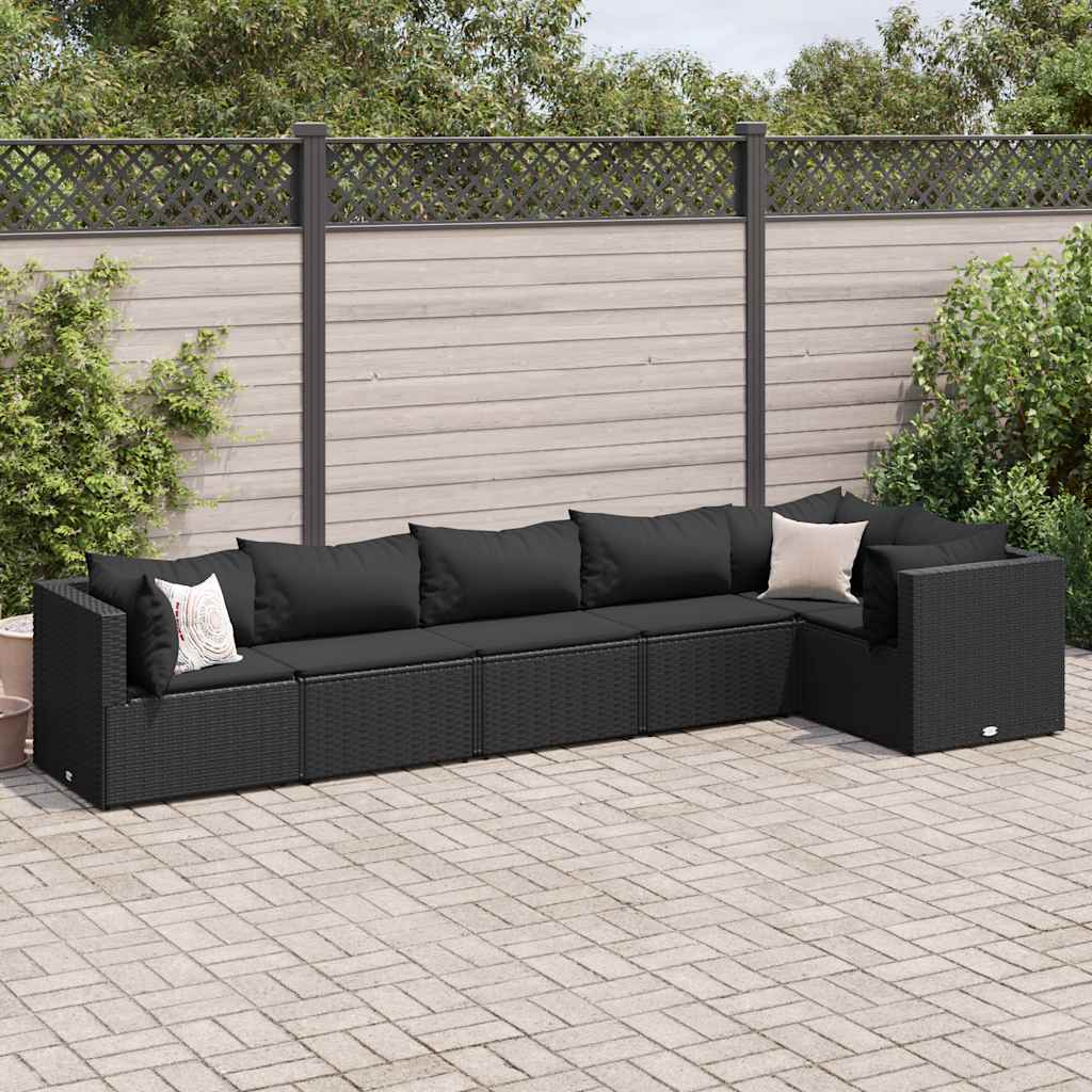 Salon de jardin 6 pcs avec coussins Noir Résine tressée