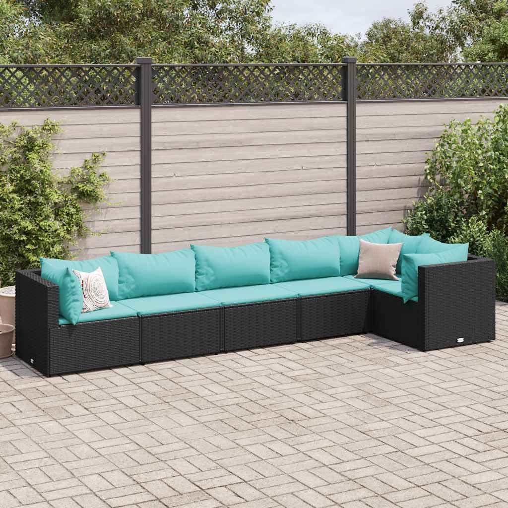 Salon de jardin 6 pcs avec coussins Noir Résine tressée