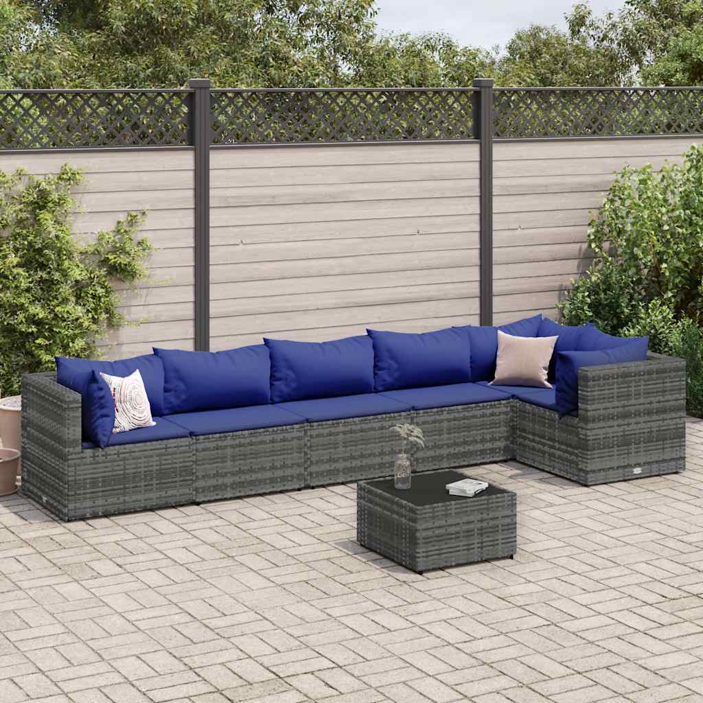 Salon de jardin 7 pcs avec coussins Gris Résine tressée