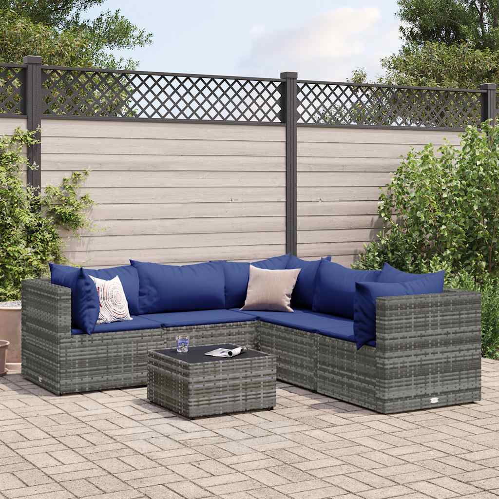 Salon de jardin 6 pcs avec coussins Gris Résine tressée