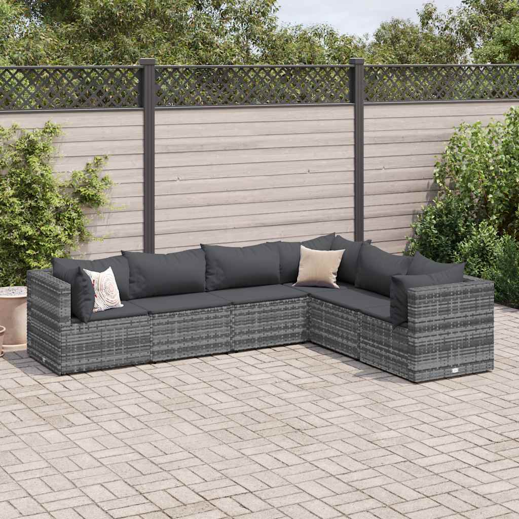 Salon de jardin 6 pcs avec coussins Gris Résine tressée