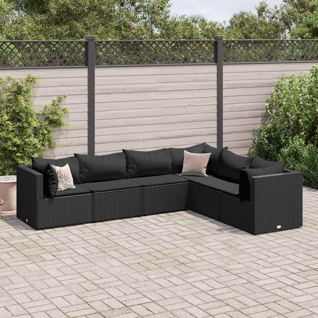 Salon de jardin 6 pcs avec coussins Noir Résine tressée