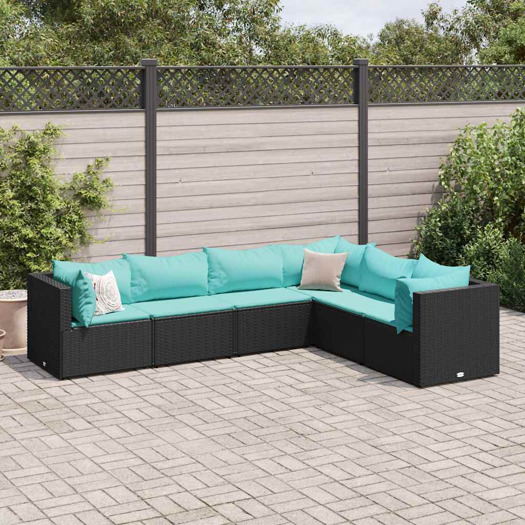 Salon de jardin 6 pcs avec coussins Noir Résine tressée