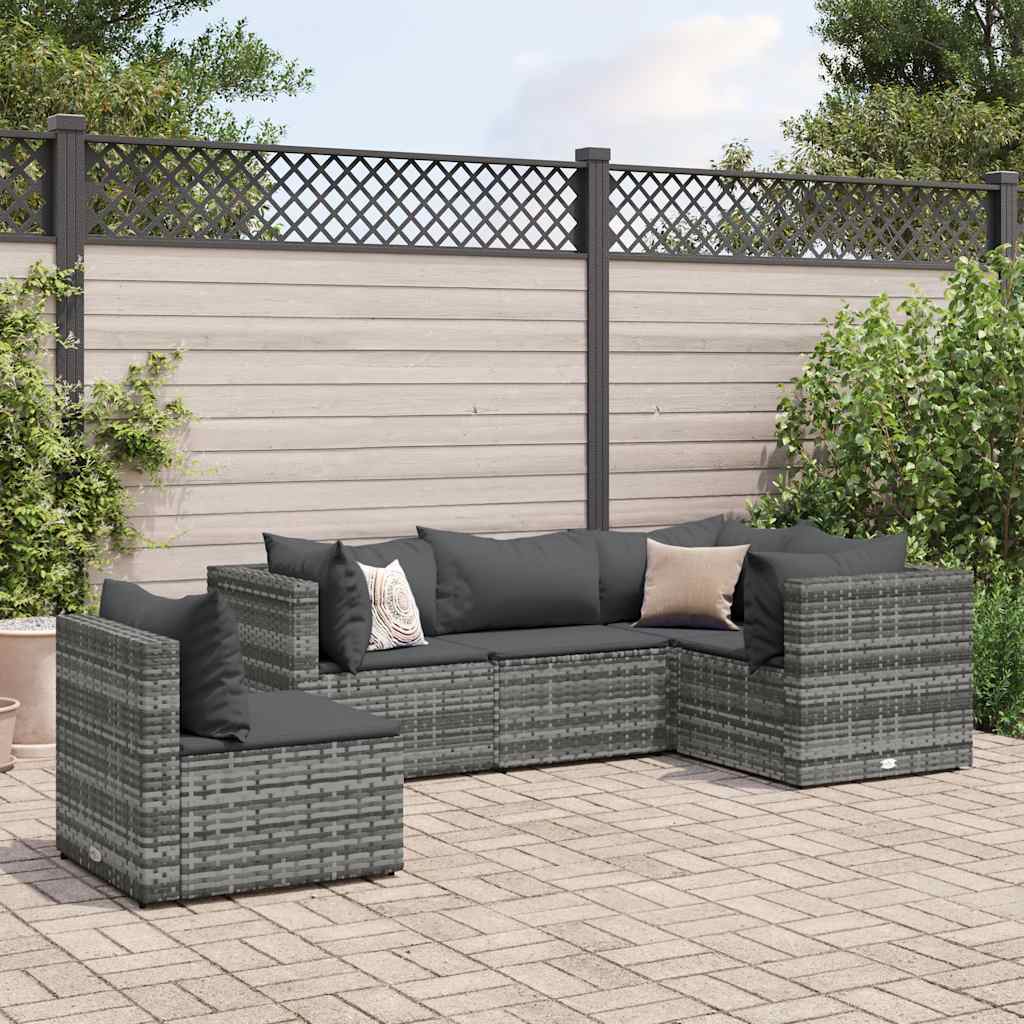 Salon de jardin 5 pcs avec coussins Gris Résine tressée