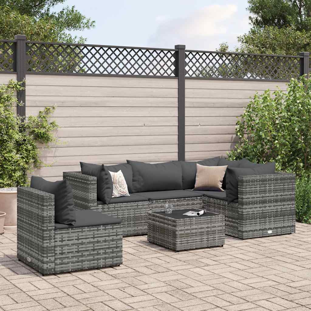 Salon de jardin 6 pcs avec coussins Gris Résine tressée