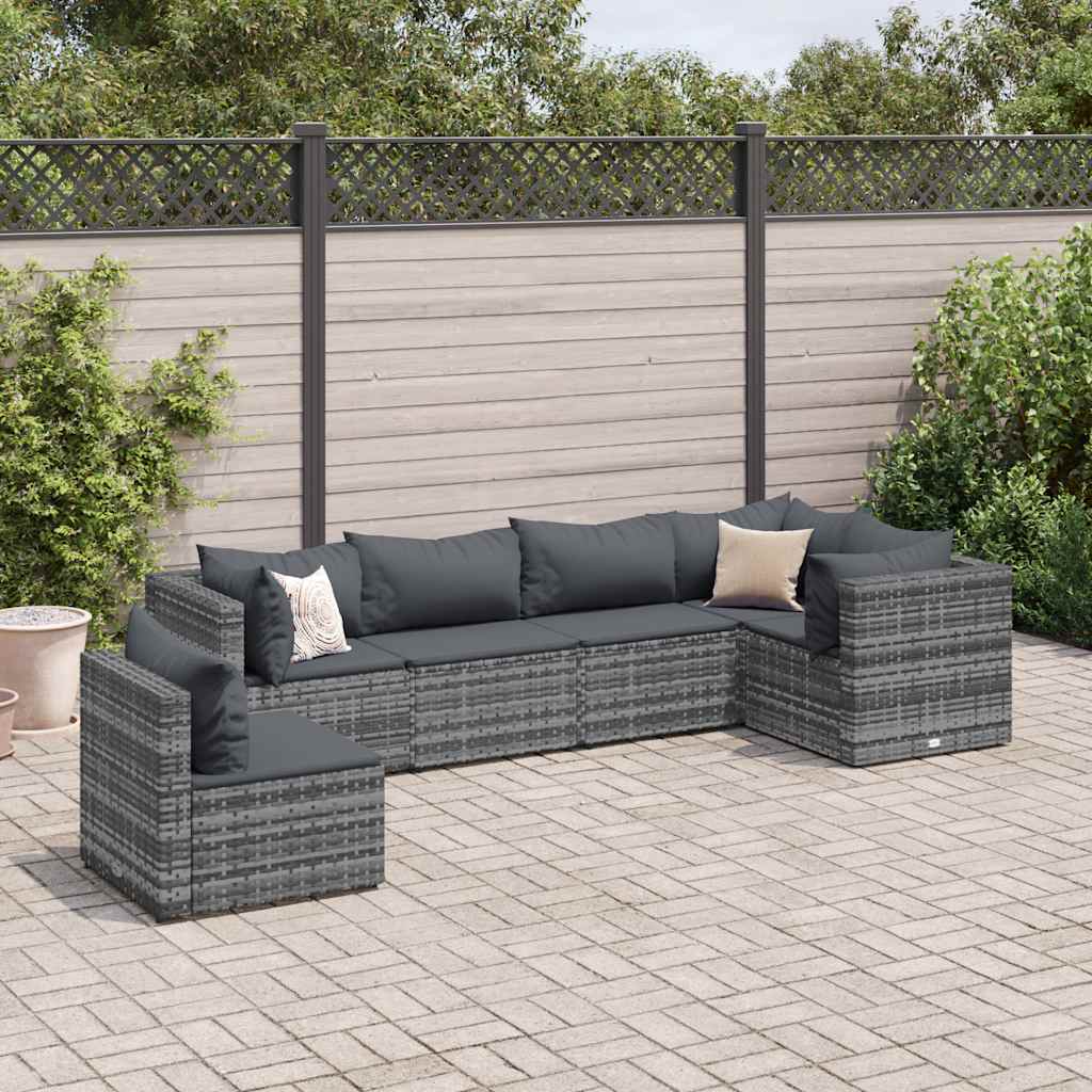 Salon de jardin 6 pcs avec coussins Gris Résine tressée