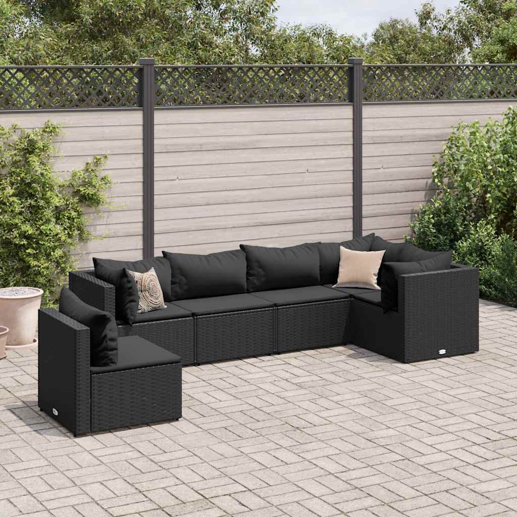 Salon de jardin 6 pcs avec coussins Noir Résine tressée