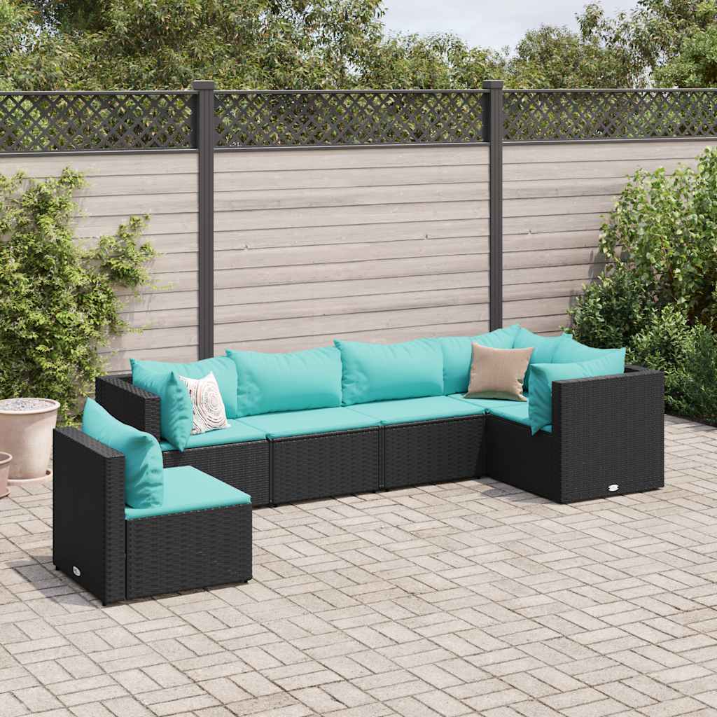 Salon de jardin 6 pcs avec coussins Noir Résine tressée