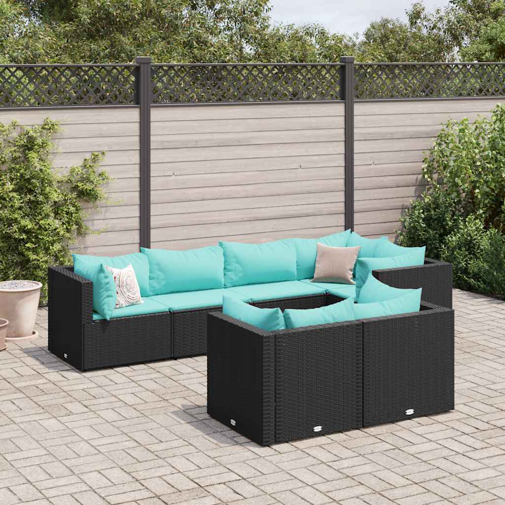 Salon de jardin 7 pcs avec coussins Noir Résine tressée