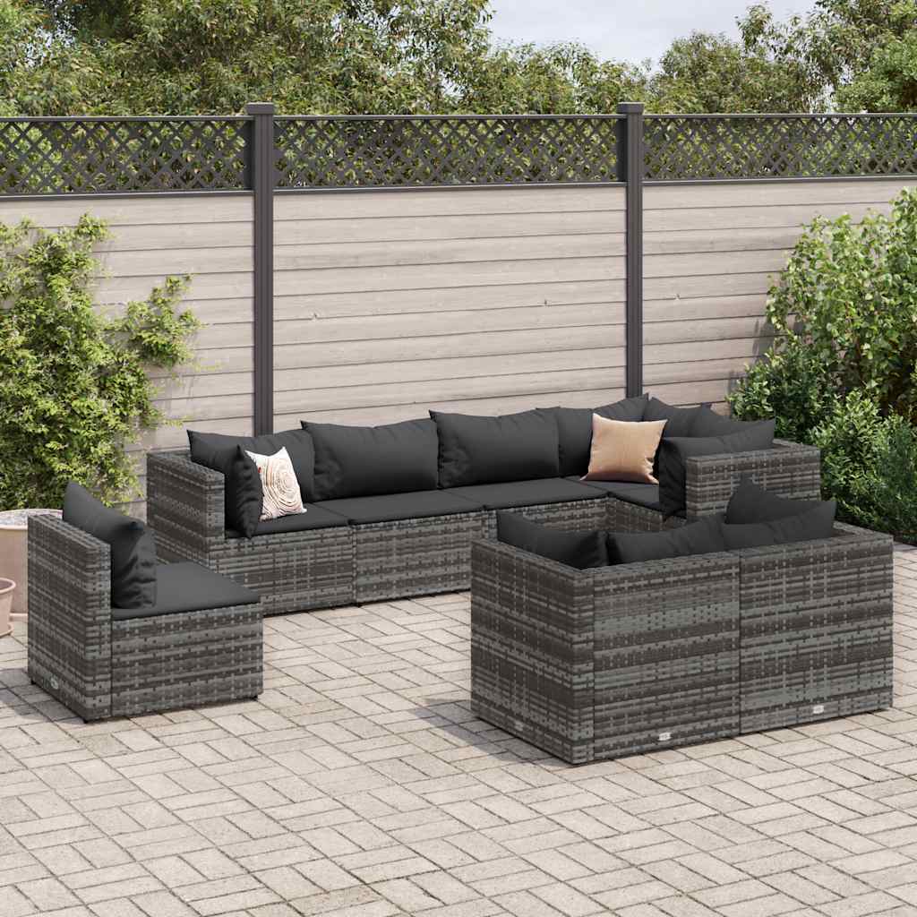 Salon de jardin 8 pcs avec coussins Gris Résine tressée