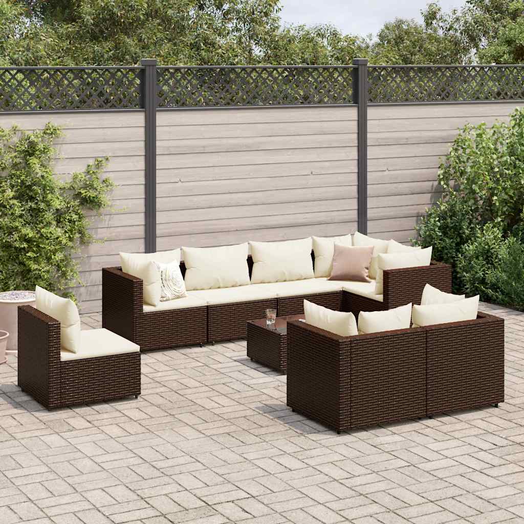 Salon de jardin avec coussins 9 pcs marron résine tressée